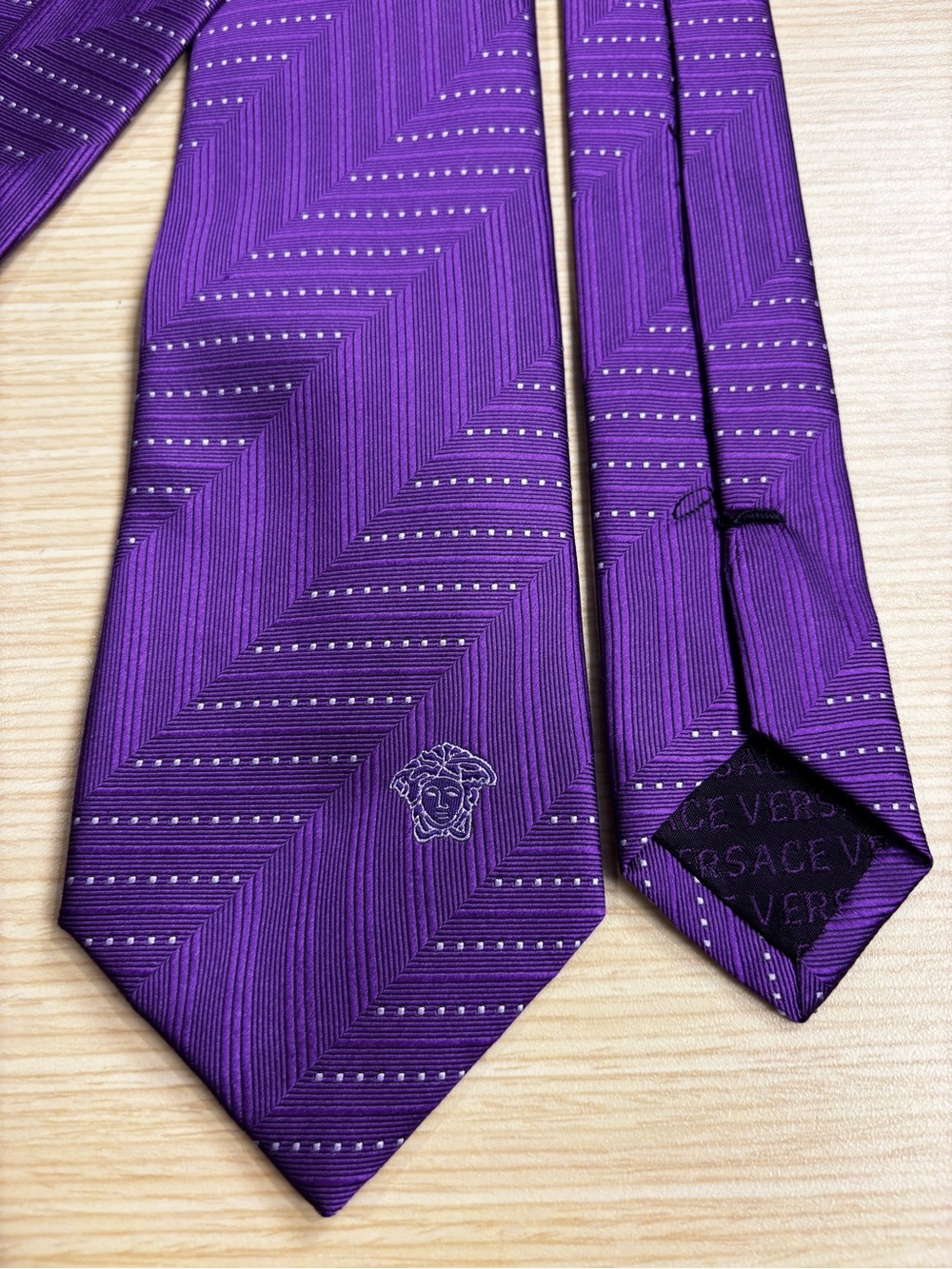 Versace 100% Silk Tie Purple Chevron Zig Zag Embroidered Medusa Italy Luxury